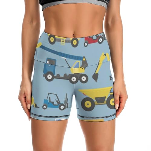 JYYAU Multicolor Construction Trucks Tractors High Waist Yoga Shorts for Women Athletic Shorts Leggings Running Pants