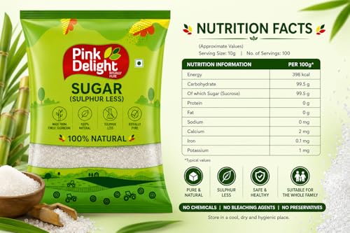 Image of Pink Delight Sulphur Less Sugar 1kg | Triple Refined White Crystal Sugar | Chemical Free Natural Sweetener | Hygienically Packed Pure Cane Sugar For Tea Sweets Desserts Daily Use