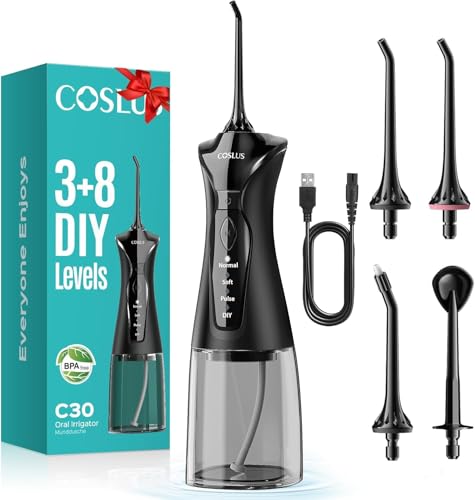 COSLUS Water Teeth Flosser Picks: 4 Modes Cordless Irrigator 300ML Portable Electric Flossing Machinerie for Teeth Cleaning Rechargeable Waterproof Tooth Pick Set Cleaner for Travel Home C30(FC5360)