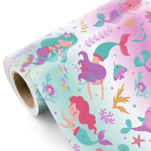 WRAPAHOLIC Mermaid Wrapping Paper Roll - Mini Roll - 17 Inch x 9.8 Feet - Little Mermaid Wrapping Paper for Birthday Girls Baby Shower Kids Birthday