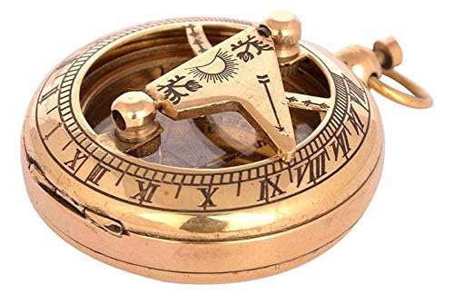 Brass Sundial Compass with 2-Inch Face, Working Push Button, Wood Handle, Antique Finish, Golden