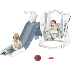 Tobogan Bebé Jardin AIYAPLAY Juego de Tobogán y Columpio para Niños 3 en 1 Columpio para Niños de 18-48 Meses Tobogán para Bebés con Aro de Baloncesto Carga 30 kg 150x185x92 cm Blanco y Azul