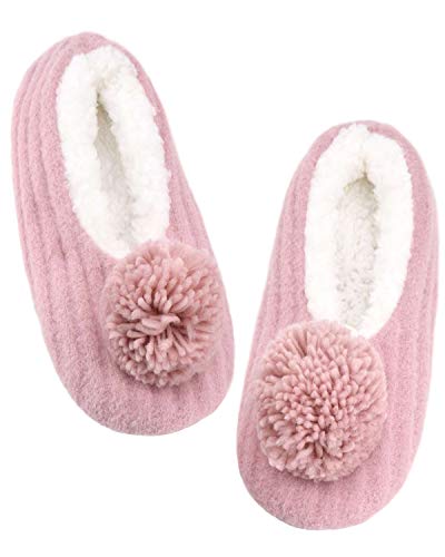 Panda Bros Slipper Socks for Women Grippers, Fuzzy Womens Slipper Socks, Soft, Warm House Slippers(Pink Pom, 8-10)