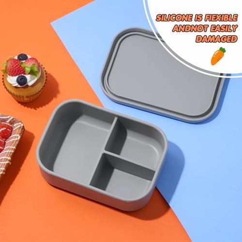 Image of Layhit 1 Pcs Silicone Bento Box for Adults, 27 oz Bento Lunch Container Reusable Food Container for Women Men, Leak Proof Microwave Dishwasher Freezer Safe (3 Compartments,Dark Gray)