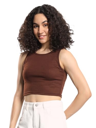 Q - RIOUS Casual Solid Women Crop Top (Brown_L)