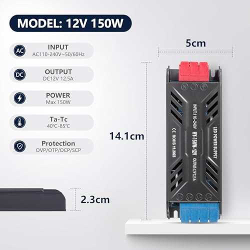 Image of 12V 150W LED Power Supply with Plug Ultra Slim LED Driver 110V AC to 12V DC 12.5A 150 Watt Quiet Low Volt Converter LEDs Transformer Constant Voltage for LEDs Strip Light, Indoor