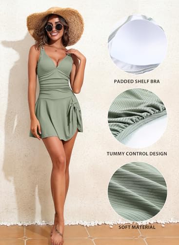 Aleumdr Ribbed One Piece Swimdress Swimsuits for Women Tummy Control Tie Knot Swim Skirt V Neck Bathing Suit4