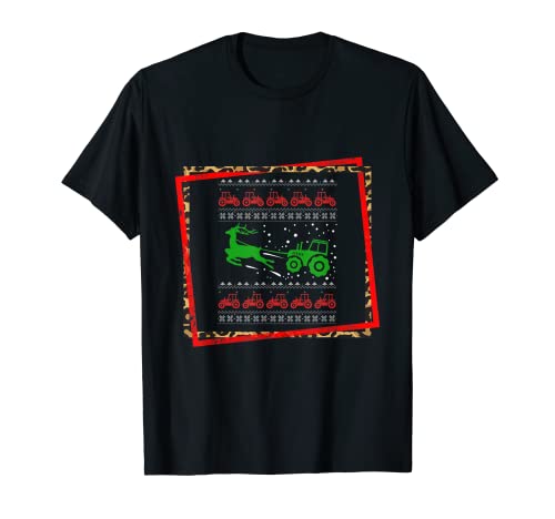 Farmer Santa Sleigh Ugly Christmas Reno Tractor Pijama Camiseta