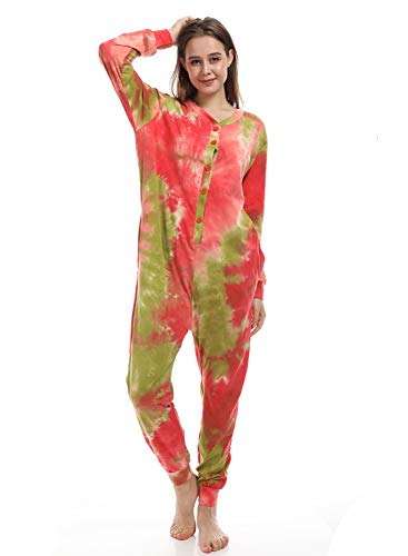 Lifeye Womens Onesie Pajamas Romper Sleepwear Set Tie Dye Long Sleeve Jumpsuit Homewear Union Suit with Drop Seat Butt Flap Red Green S