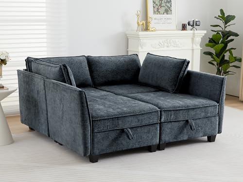 Image of ORRD Sleeper Modular Sectional Sofa Set, Convertible Couch Bed with Storage, 4 Seater and 4 Armrestes Sofa Modular for Living Room, Office (Blue Grey)