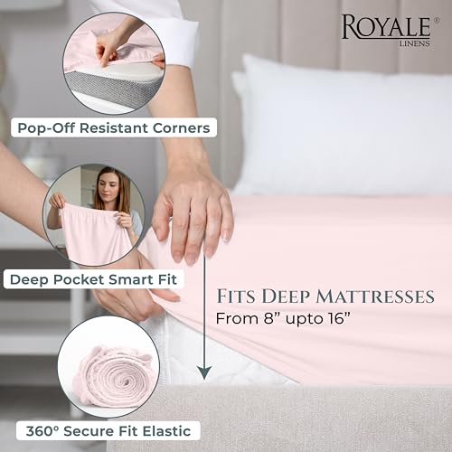 Image of Royale Linen 400 Thread Count Fitted Sheets Full Size - 100% Cotton Bottom Sheets Only - Luxury Sateen Weave -All Around Elastic Deep Pocket Fitted Sheet - Soft & Durable - Fit Up To 16 inch (Kyoto Blush)
