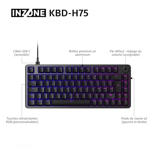 Clavier Gaming Sony INZONE KBD-H75 - Déclenchement Rapide, commutateurs magnétiques, actionnement réglable, 75% TKL, fréquence de rafraîchissement de 8 000 Hz, RGB, PC FPS, Disposition AZERTY - Noir