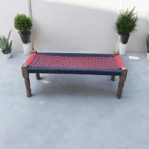 Image of Handwoven Wooden Bench | Traditional Rope Charpai Stool | Solid Wood Frame Seating for Living Room, Balcony & Outdoor | Durable & Stylish Design (Black & Red Finish)