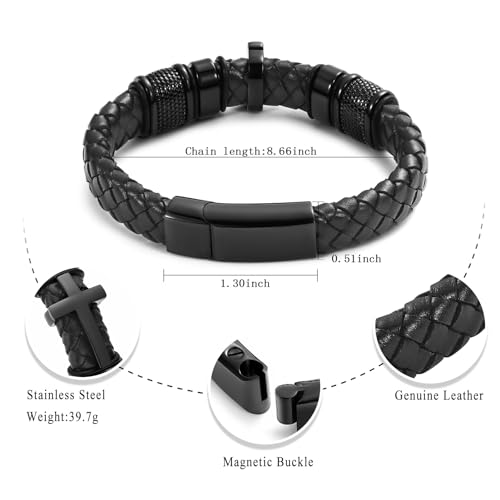 Oinsi Mens Double-Band Black Braided Leather Bangle Bracelets Cremation Jewelry for Ashes Wristband Memorial Urn Bangle with Cross Charm2