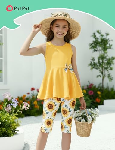 Image of PATPAT Girls Summer 2 Piece Outfits 4-12Y Butterfly Bow Sleeveless Tunic Tops and Floral Print Shorts Cute Clothes