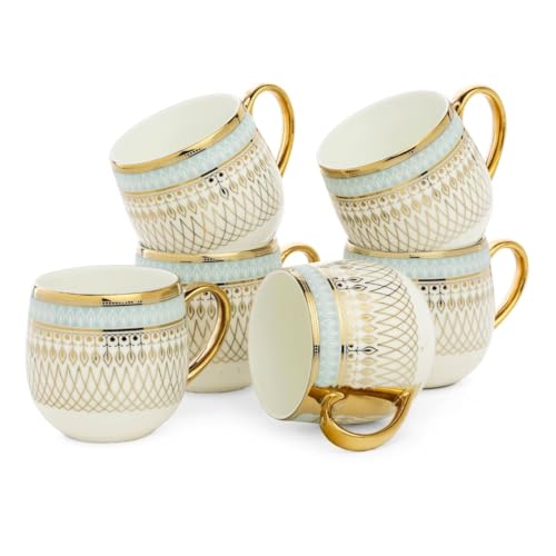 Image of Clay Craft Fine Ceramic Tea & Coffee Cups Set of 6| 200 Ml Designer Cups with Gold Handle & Elegant Pattern | Ideal for Home| Guests & Gifting