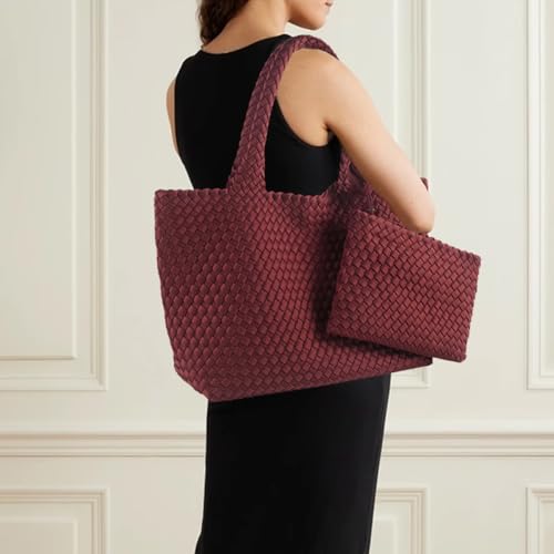 Image of Woven Bag for Women, Large Neoprene Tote Bag Summer Beach Handbag Purse Retro Handmade Travel Shoulder Bag Set