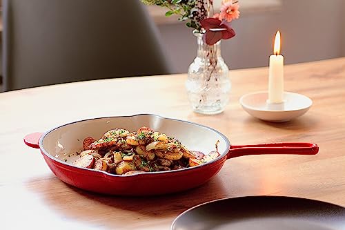 ECHTWERK Cast Iron Frying Pan with Enamel Coating, Oven Pan with Two Handles and Spout, Suitable for Ovens, Grills, BBQ and Induction Hobs, Diameter 26.5 cm, Red - Image 4