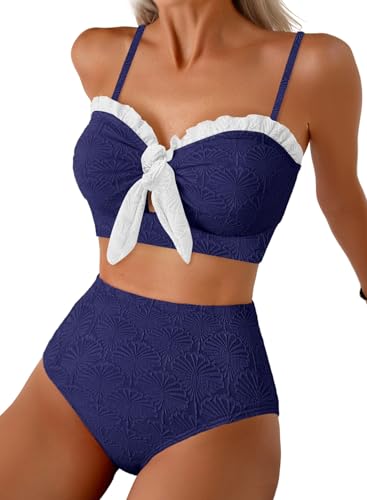 Herseas Womens Seashell Textured Bikini Sets Knotted Front High Waisted 2 Piece Plus Size Bandeau Swim Suit Ruffle Trim Slimming Bathing Suits Modest Cruise Essentials 2026 XX-Large