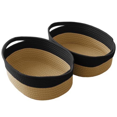 Image of JMvicyroam Small Woven Basket, Empty Gift Basket, Black&Jute /2 Pack | Small Gift Basket, Cotton Rope, 12 x 8 x 82 in, Handles, Includes Ribbon and Bag, Birthday Gift Basket