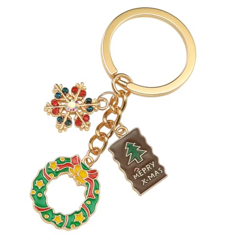 Porte-Clés Noël – Porte-Clé Flocon de Neige Scintillant & Couronne Breloque de Sac pour Femme avec Étiquette Joyeux Noël, Cadeaux Porte-Cléf Sympas pour Amateurs de Fêtes.