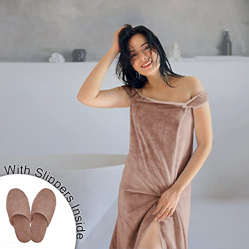Image of Sassoon Venir Microfiber Bath Wrap Towel with Slippers for Women (Pack of 1) - Peanut Color