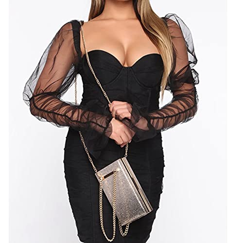 Uni Clau Women Sexy Mesh Sheer Puff Long Sleeve Mini Dress Bodycon Deep V Neck Patchwork Party Clubwear Dress3