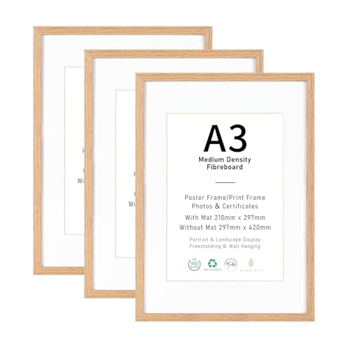 A3 Picture Frame Set of 3, Display A4 with Mat or A3 without Mat, Natural Wood Photo Frames for Wall Mounting or Table Top Display