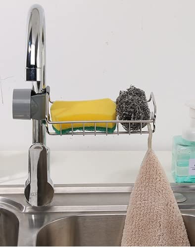 RUQIWEMIKitchen Faucet Sponge Stainless Steel Holder, Shower Caddy Soap Dish Sink Organizer for Storage Bathroom or Kitchen Sponge Soap and Brush etc (Single Layer)