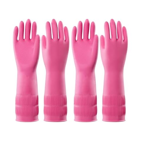 PACIFIC 2 Pairs Reusable Rubber Gloves for Washing Dishes and Cleaning Tasks, Water Resistant Household Gloves for Kitchen Bathroom, Grippy Latex Dish Washing Gloves, Pink, Meidum Cover