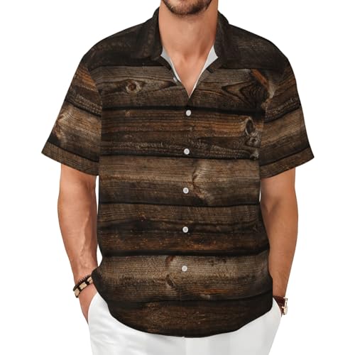 Chemise d'été homme marron à manches courtes imprimé bois