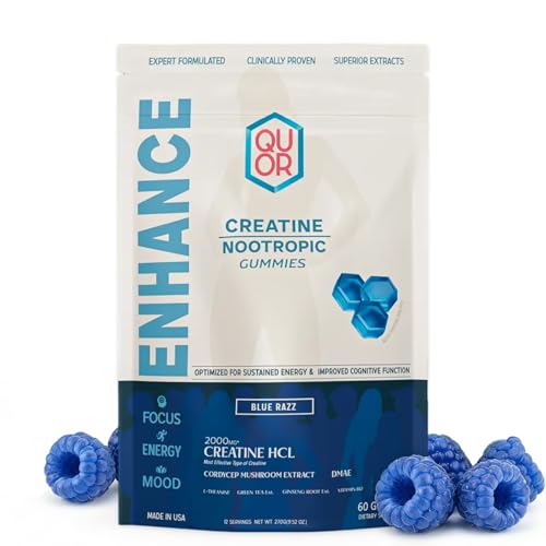 QUOR Enhance Creatine Gummies for Men & Women | Creatine HCl + Nootropic Stack | Cordyceps L-Theanine B12 | Vegan | Focus Energy & Strength (60 Count Blue Razz)