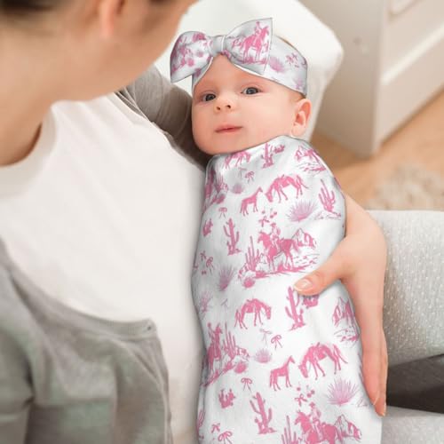 Image of Western Cowboy Cactus Pink Baby Stuff Swaddle Blanket Wrap Baby Newborn Blanket Soft Stretchy with Headband Hat Set Gift for Infant Boy Girl