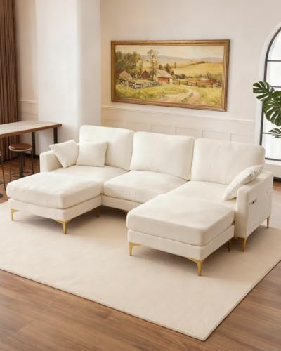 Image of Karl home 99.6 inch 3-Seat U-Shaped Sectional Sofa, Creamy | Chenille Upholstered, 2 Movable Ottomans, Cloud-Like Seat, 2 Throw Pillows, Comfy Deep Seat, Living Room, Apartment, Office