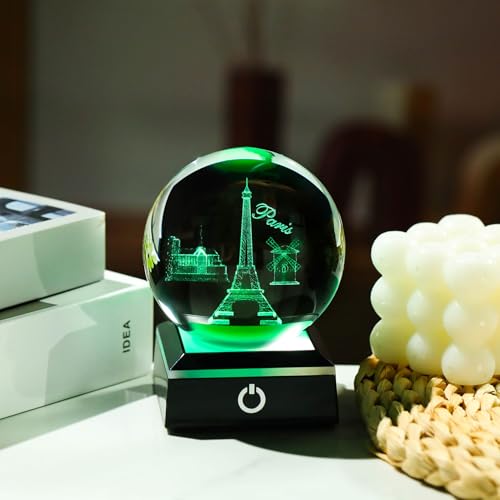 Image of 3D Crystal Ball Eiffer Tower Decor Paris Gifts for Women Men Snow Globe Ornament with LED Base Night Light, Laser Etched Eiffer Towe Statue Souvenirs France Gifts