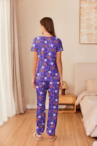 Image of Ekouaer Womens Pajama Sets Short Sleeve Lounge Sets for Women Printed Jogger Pajama Set 2 Piece Pj Sets With Pockets S-XXL