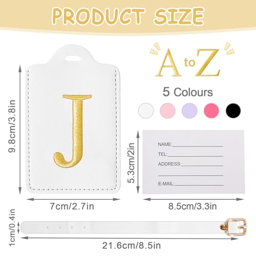 Image of Personalized Initial Luggage Tags for Suitcases, Cute PU Leather Embroidered Letter Travel Luggage Tags, Suitcase Identifier Name Baggage Tag, Bag Tags for Men Women Kids Luggage Handbags(White J)