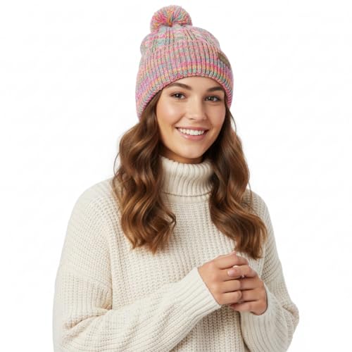 EDTREK Hey Girl Winter Beanie Hat with Silk Satin Fleece Lining Multicolored Pom Poms - One Size for Womens and Kids4