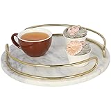 MyGift 12-inch Round Marble Serving Tray with Vintage Brass Metal Handles, Handcrafted Natural White Marble Decorative Tray for Appetizer & Dessert, Vanity, Perfume Tray, (Made in India)
