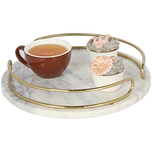 Mygift 12 Inch Round Natural White Marble Serving Tray With Vintage Brass Metal Handles, Cheese, Appetizer And Dessert Tray, Decorative Vanity Jewelry, Makeup, Perfume Tray - Made In India #TOP19