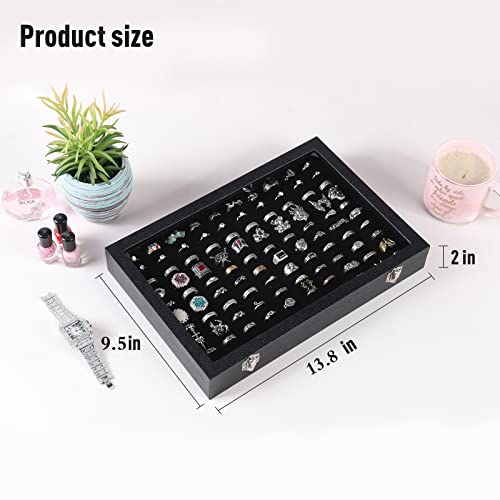 Pengup 100 Slots Ring Case Organizer Display Box,Rings Holder Storage Boxes For Jewelry Showcase With Glass Lid (Black Velvet). thumb #5