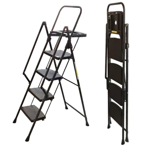 Image of 4 Step Ladder with Handrails Folding Step Stool with Attachable Tool Tray & Anti-Slip Wide Pedal, Ladders for Home Kitchen Pantry Office, Lightweight Sturdy Steel Ladder for Adults Portable