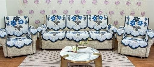 MEBELS JOY Cotton Floral Design Sofa Cover Set of 5 Seater 6 Piece Arm Set 3 Seater and 2 Seater Sofa Cover, Anti Slip Set of 16 Piece Blue