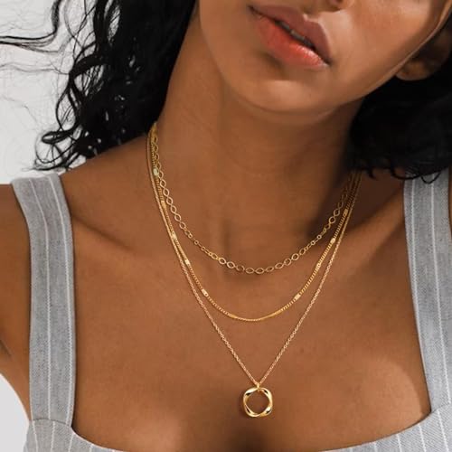 Layered Choker Necklaces, 14k Gold Plated/Sterling Silver Stackable Circle Pendant Chain Necklace Set3