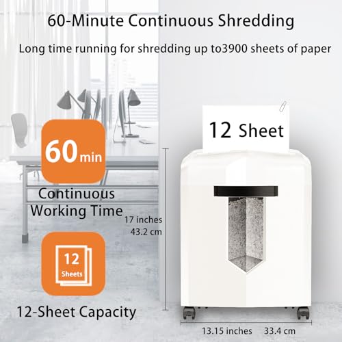 Image of Bonsaii Micro Cut Shredder, Portable with a Convenient Handle, shredding up to 12 Sheets, P-4 Security Level, 60 Min Continuous, CD /Credit Card, Jam-Proof, 4.2 Gal Bin, White /Gray