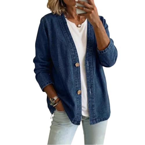 Jean Jacket Women Lightweight Button Front Jean Cardigan Trendy Relaxed Fit Classic Light Long Sleeve Denim Jackets Resort Beach Cover Up for Women Deep Blue Cárdigan Vaquero