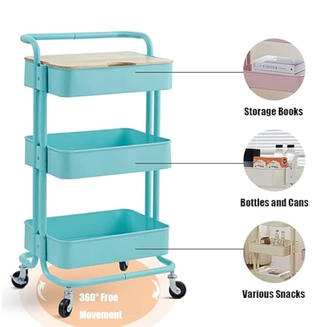 3 Tier Rolling Cart Storage Trolley with Handles, Multi-Purpose Storage Organiser, Space-Saving Organizer Trolley Rack for Home Kitchen Living Room Bathroom Pink-OZgvH1ZS