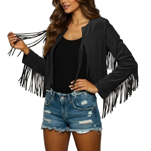 Generisch Chaquetas de piel sintética con flecos para mujer, chaqueta recortada de manga larga con borla, chaqueta de ante hippie, vaquera, vaquera, carnaval, disfraz, abrigo, chaqueta de moto