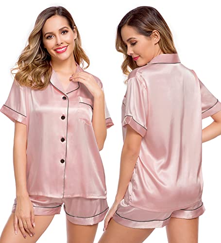 Image of LecGee Womens Silk Satin Pajamas Short Sleeve Loungewear Two-Piece Sleepwear Button-Down Pj Set