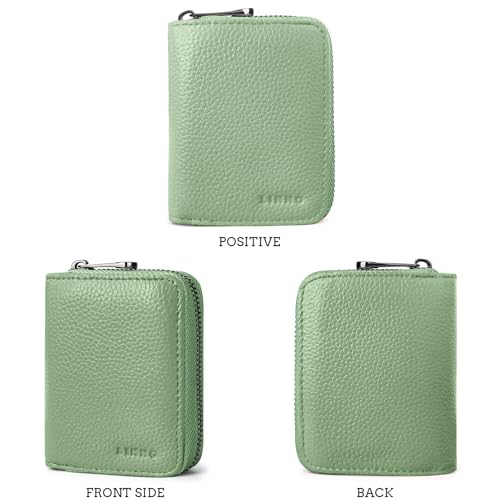 Image of Linno RFID 20 Slots Credit Card Holder Genuine Leather Small Wallet for Women or Men with Zipper, light green, Fashion Accordion Card Case